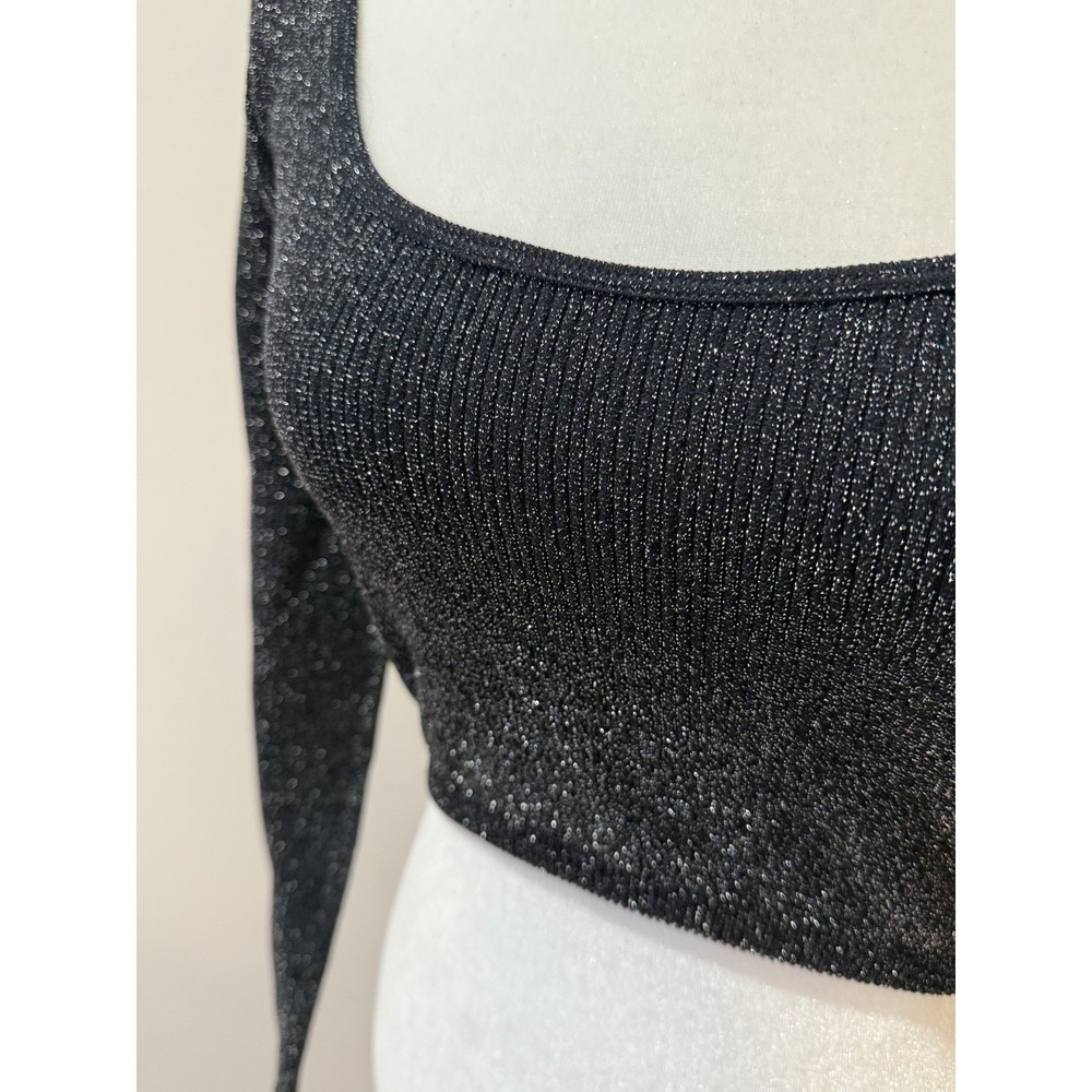 Zara Top Limitless Contour Black Silver M/L NWT Ribbed Long Sleeve Crop Metallic